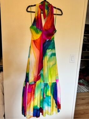 Ralph Lauren Blue Label 100% Silk Formal Halter Gown Rainbow Size 8 EUC